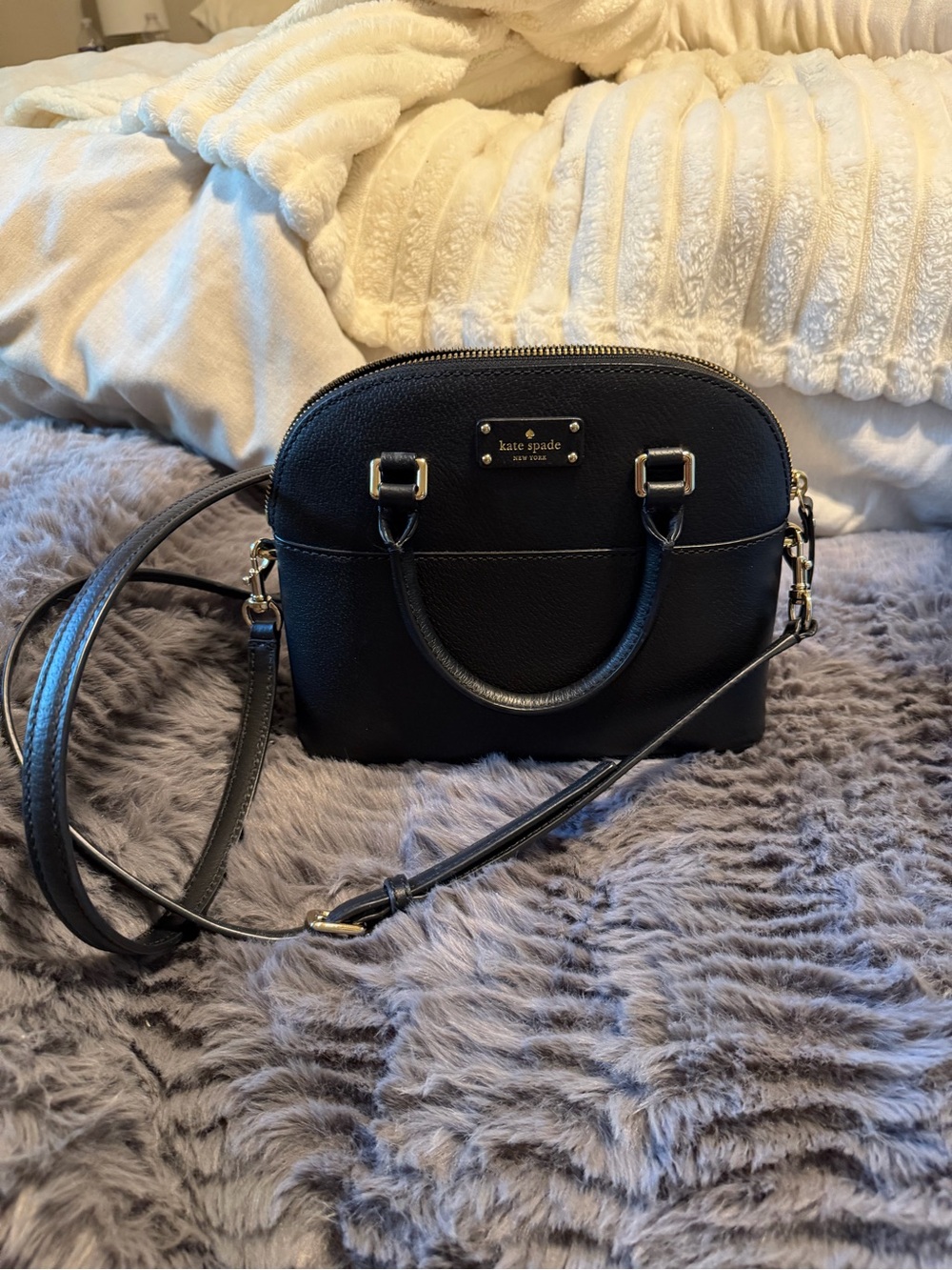 Kate Spade Black Pebbled Leather Dome Crossbody with Gold Hardware